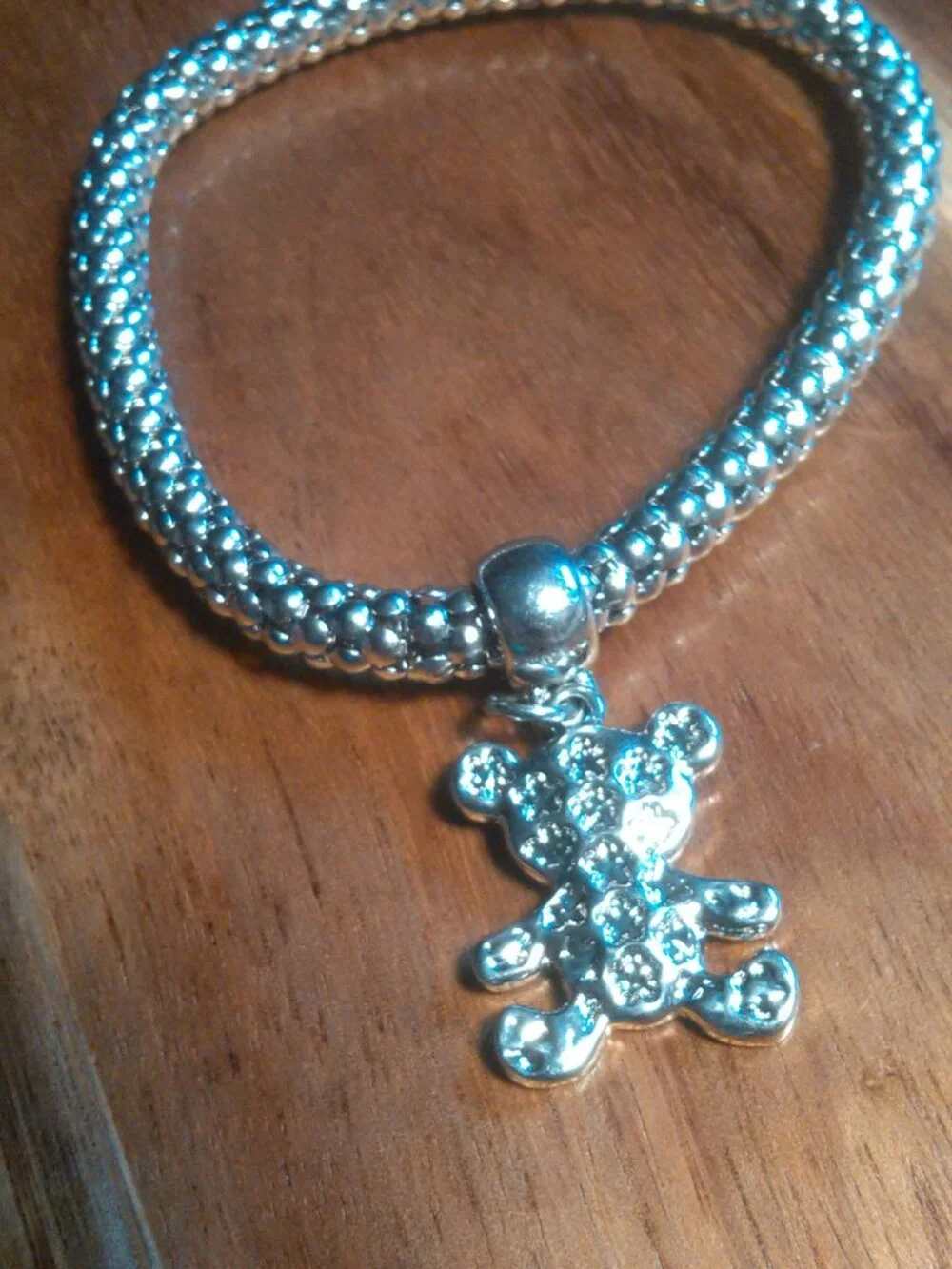White Austrian Crystal Teddy Bear Silvertone Stretch Bracelet